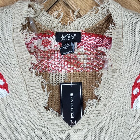 Just Polly Mushroom Pattern Distressed Beige Knit Sweater Size S Oversized NEW - Picture 3 of 7